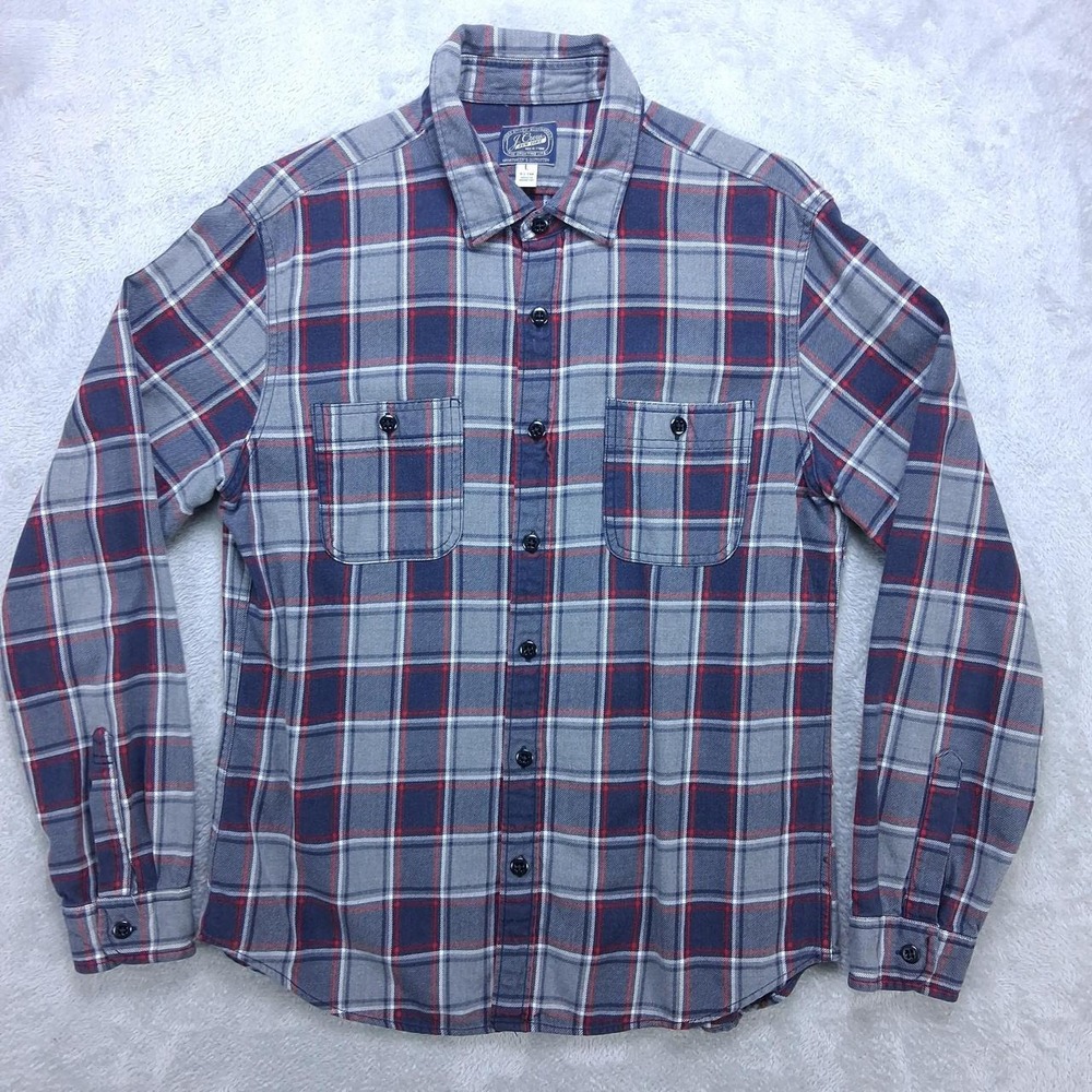 J.Crew Mens Large Slim Long Sleeve Plaid Flannel Button Up Shirt Gray Blue Red